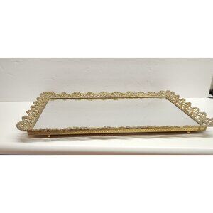 Large Hollywood Regency Vanity Dresser Mirrored Tray Brass Filigree Roses 12x17.